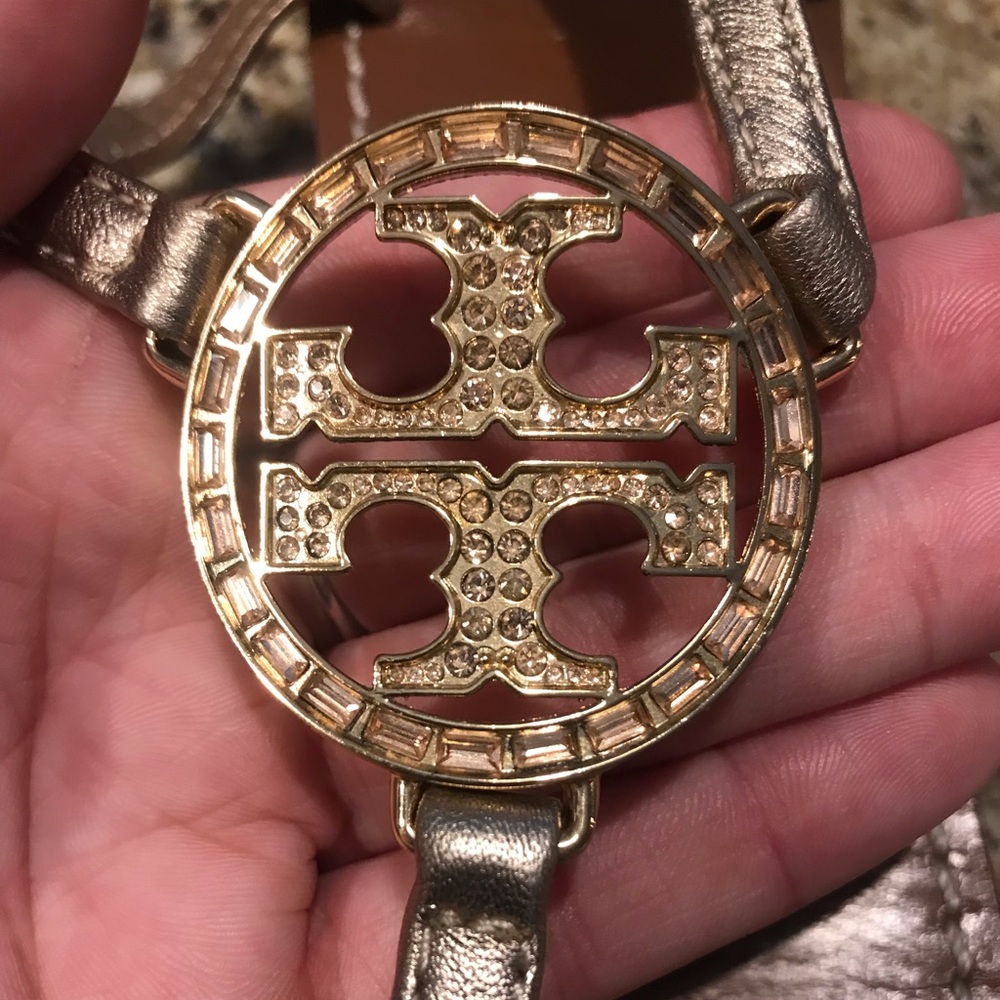 Tory Burch Gold strapped rhinestone sandal. - Picture 2 of 6